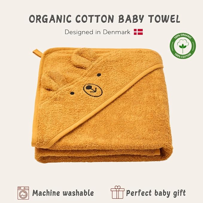 Baby Hooded Towel – Organic Cotton Baby Bath Towels – Baby Towels, Baby Bath Towels for Baby Boy, Baby Girl, 32" x 32" Super-Soft and Absorbent Baby Towels for Newborn (Bear - Autumn Yellow)