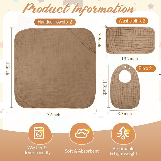 6 Pcs Muslin Hooded Bath Towels Washcloths and Bibs Set, Muslin Cotton Baby Towels Absorbent Hooded Blanket Towel Infant Bibs for Boys Girls Newborn Infant Essential(Brown, Beige)