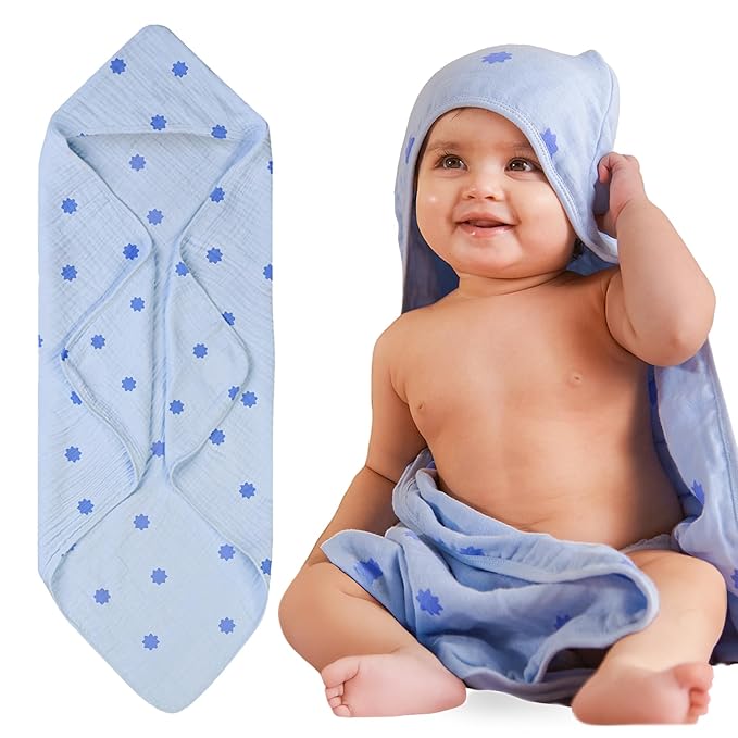 NINTARABABY Hands-Free Hooded Towel - 100% Organic Premium Muslin Cotton, 30" x 30", Ultra-Absorbent, Soft, Breathable, Hypoallergenic, Multipurpose, Gifts for Babies & Infants