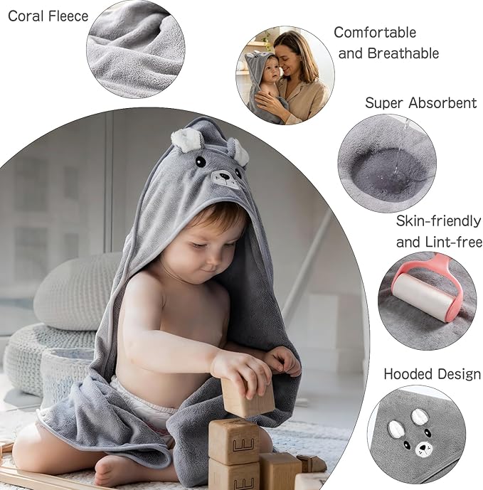 4 PCS Hooded Baby Towel Set, 32x32 Inch Absorbent Baby Bath Towels, Soft Hooded Towels and 3 PCS Washcloths, Unisex Baby Gift Set for Newborns, Babies, Toddlers (Gray)