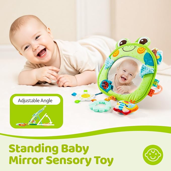 Jollybaby Car Seat Crib Stroller Play Gym Hanging Toy for Baby 0-3-6-12 Months, Tummy Time Mirror Toys Gifts for Newborn Infants, Carseat Travel Toy for Road Trip - Frog