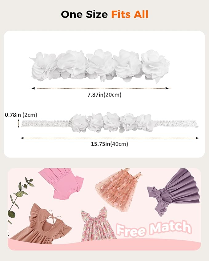 Fmeida Baby Girls Headbands for 4-24M | Soft Flower Crown (Fits 14.96"-18.89" Head)