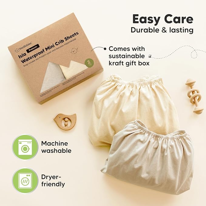 2-Pack Waterproof Pack and Play Sheets, Mini Crib Sheets Fitted for Boy, Girl - 38 x 26 Viscose from Bamboo Pack N Play Mattress Sheets for Graco, Toddler Playard Baby Crib Sheets Neutral (Macadamia)