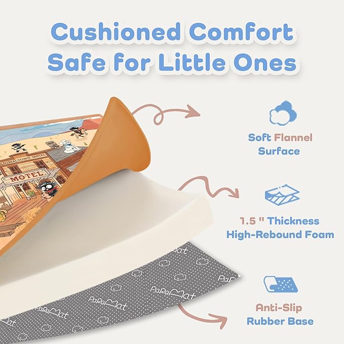 1.5" Thick Educational Large Baby Floor Play Mat 79x118, Flannel Padded Memory Foam Kids Mat, Non-Slip Plush Playmat for Nursery Playroom Classroom (Western Cowboy)