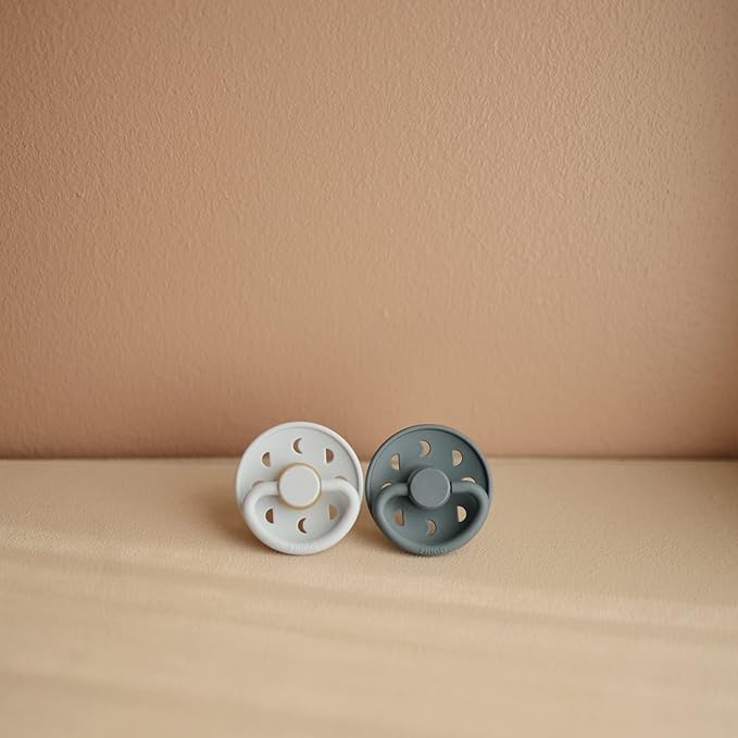 FRIGG Moon Natural Rubber Baby Pacifier | Made in Denmark | BPA-Free (Powder Blue/Slate, 6-18 Months) 2-Pack