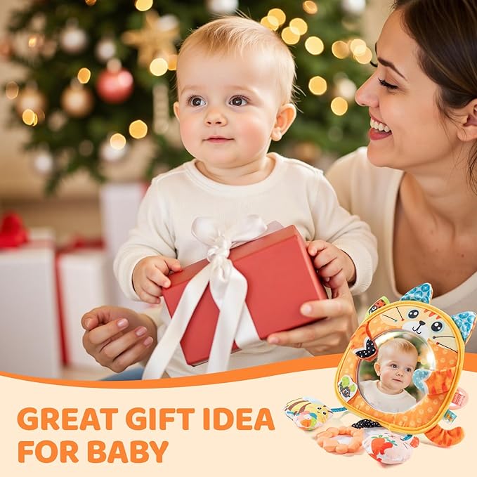 Jollybaby Car Seat Crib Stroller Play Gym Hanging Toy for Baby 0-3-6-12 Months, Tummy Time Mirror Toys Gifts for Newborn Infants, Carseat Travel Toy for Road Trip - Cat
