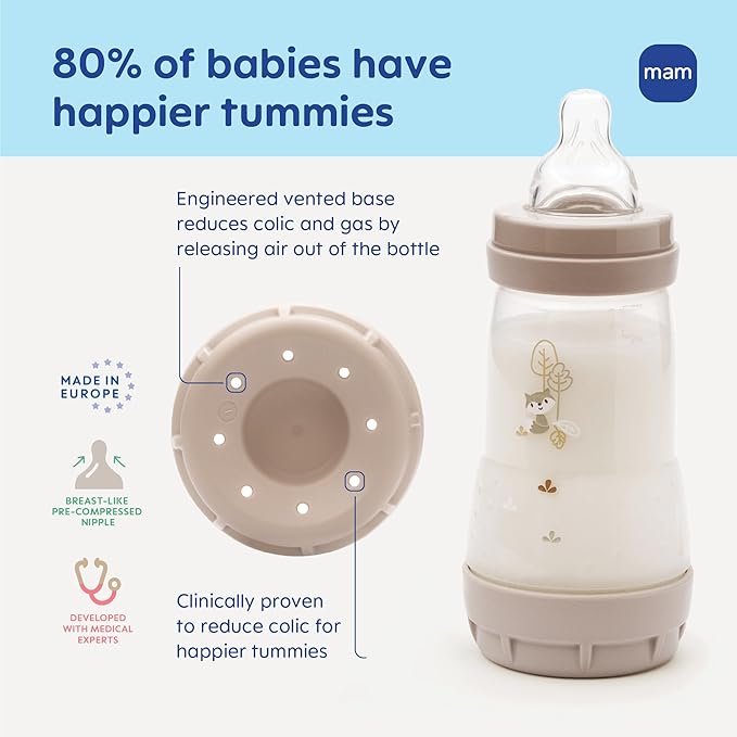 MAM 9oz Easy Start Anti-Colic Wide Neck Vented Baby Bottle, Medium Flow Breastfeeding-Like Nipple, Reduces Colic Gas & Reflux, Easy to Clean, BPA Free, 2+ Months, Made in Europe, 2 Pk, Unisex