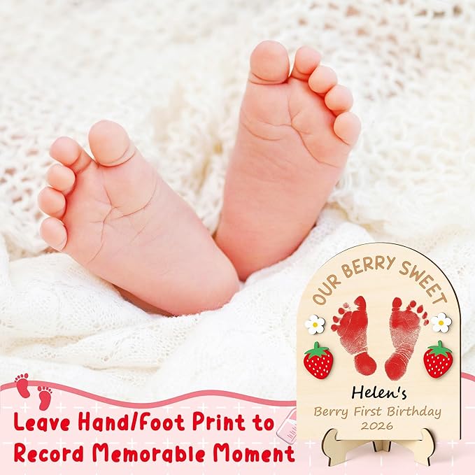 R HORSE Baby's 3D Berry First Birthday Footprint or Handprint Art Sign, Our Berry Sweet DIY Wooden Hanging Decoration, Newborn Keepsake Craft Gift for Unisex Baby First Birthday Baby Shower Photo Prop