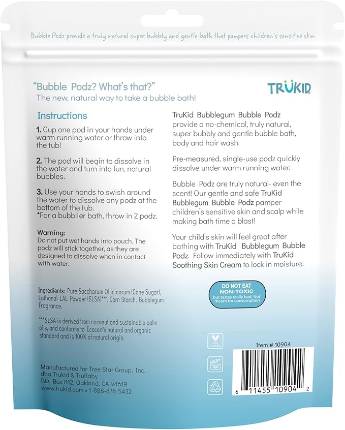 TruKid Bubble Podz Bubble Bath for Kids, Toddlers, & Babies, Tear Free Gentle & Refreshing Bath Bomb for Sensitive Skin with Natural Moisturizers, Non-Toxic, pH Balanced, Bubble Gum Scent (24 Podz)