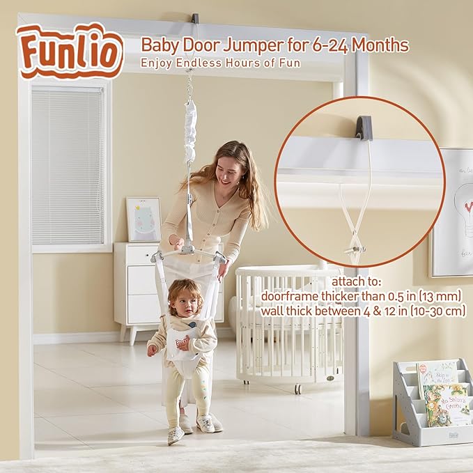 FUNLIO Baby Door Jumper for 6-24 Months (with Door Clamp), Bearing 40 Lbs, Baby Jumper Doorway with Strong Spring & Adjustable Strap, Portable Infant Baby Bouncer, CPC & CE Certified - White