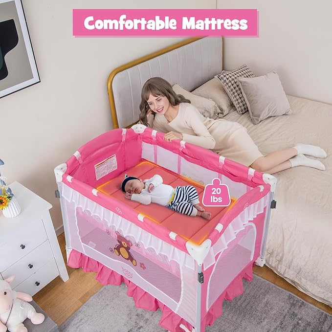 BABY JOY 4 in 1 Pack and Play with Canopy, Portable Baby Playard with Bassinet, Double-Layer Baby Crib, Wheels & Brake, Foldable Baby Girl Pink Princess Bassinet from Newborn to Toddler