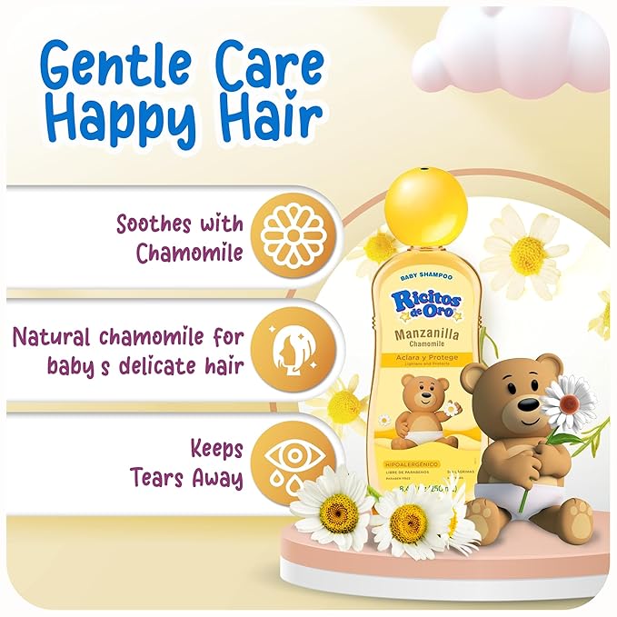 Ricitos de Oro Baby Shampoo with Chamomile – Gentle and Tear-Free Formula for Babies and Kids, Natural Lightening & Soft Conditioning Hair Care, Paraben-Free, Safe Daily Use, 8.4 fl oz, (Pack of 6)