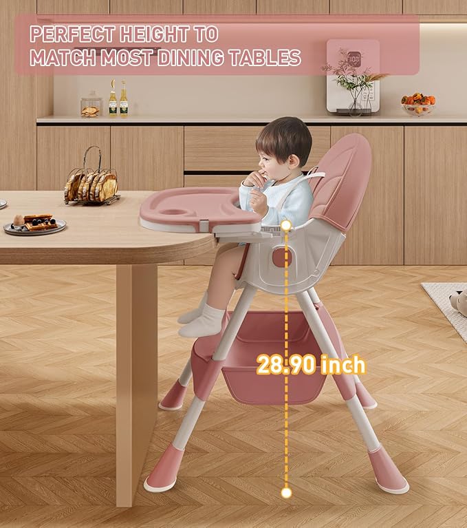 Baby High Chair, 5 in 1 High Chairs for Babies and Toddlers, Travel Foldable High Chair with Foot Rest, Detachable PU Cushion, Double Removable Tray, Adjustable Height & Recline