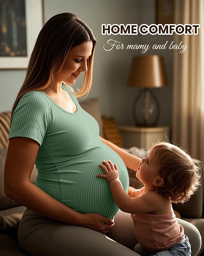 Neer 3 Pack Women's Ribbed Maternity Tops Pregnancy Round Neck Shirts Short Sleeve Soft Maternity Clothes for Mama