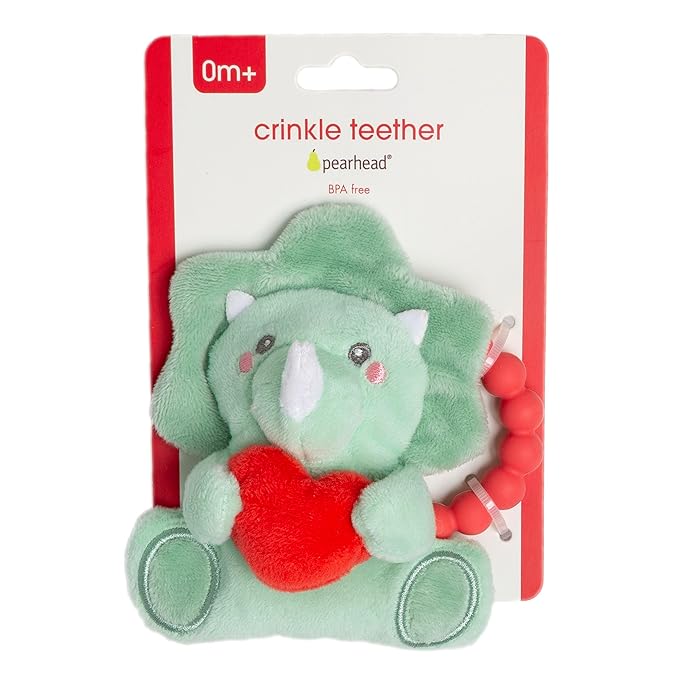 Pearhead Plush Dino Baby Teether with Crinkle Sound, Valentine's Day Gift, BPA-Free Silicone Teething Ring & Soft Sensory Rattle, Infant Gum Soother for Newborns, Dinosaur, 0 Months+