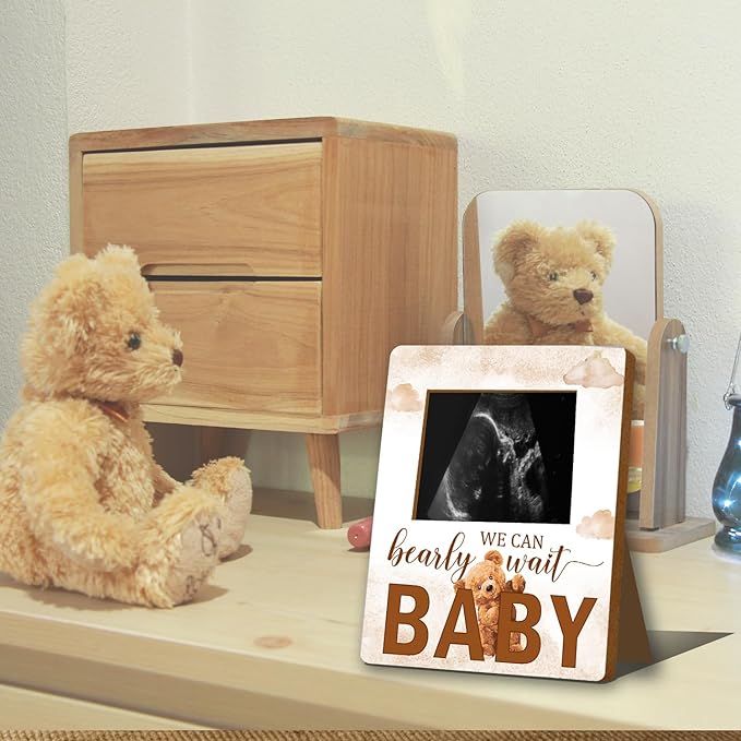 ALodr Bear Baby Shower Decorations, Baby Shower Sign Picture Frame, Cute Bear Shower Gender Reveal, Pregnancy Milestone Keepsake, Pregnancy Announcement Sonogram Photo Frames,Brown