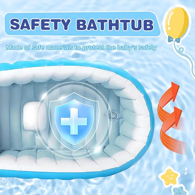 Inflatable Baby Bathtub, Collapsible Safe Baby Bath Tub, Portable Travel Shower Basin with Built-in Air Pump, Newborn to Toddler Bath Tub, Deflates and Folds Easily, Non-Slip (Blue)