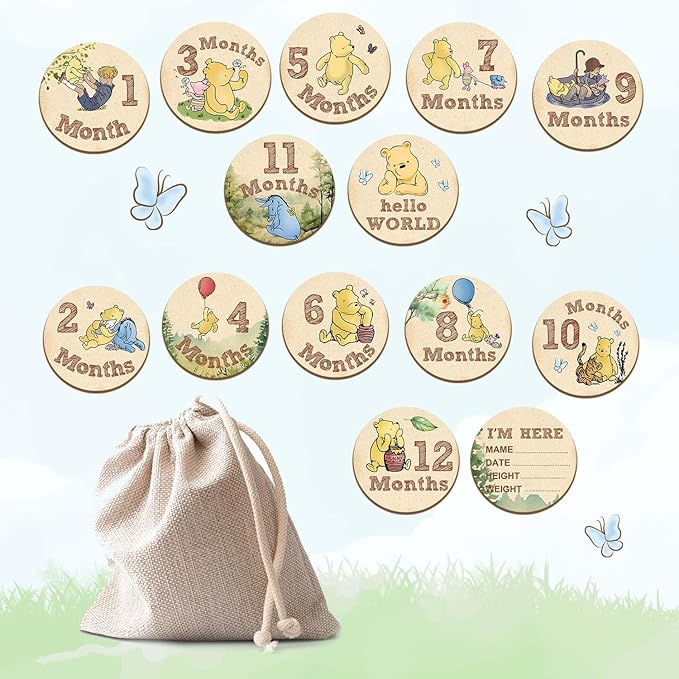 7 Pcs Winnie Baby Monthly Milestone Markers, Winnie Double Sided Winnie Baby Months Wooden Signs with Storage Bag, Winnie Baby Monthly Announcement Wooden Discs, Winnie Milestone Pictures of Newborn
