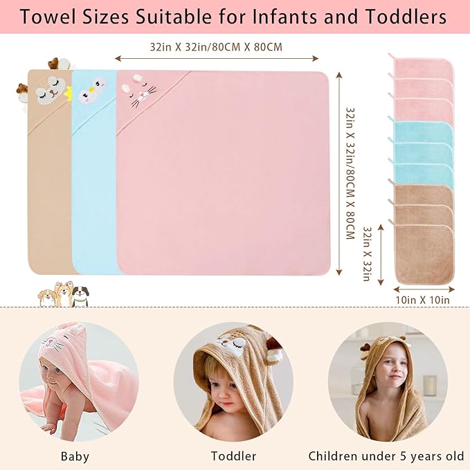12 PCS Hooded Baby Towel Set, 32x32 Inch Absorbent Baby Bath Towels, 3 PCS Soft Hooded Towels & 9 PCS Washcloths, Ideal for Newborns, Toddlers, and Babies – Baby Bath Essentials (Pink + Brown + Blue)