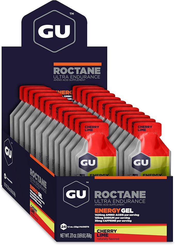 GU Energy Roctane Ultra Endurance Energy Gel, Vegan, Gluten-Free, Kosher, and Dairy-Free On-The-Go Sports Nutrition for Running, Biking, Hiking or Skiing, 24-Count, Cherry Lime