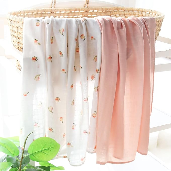 LifeTree Baby Swaddle Blankets, Boys Girls Muslin Swaddling Wrap Receiving Blanket for Newborn, 70% Viscose from Bamboo and 30% Cotton, Large 47" x 47", Peach and Pink