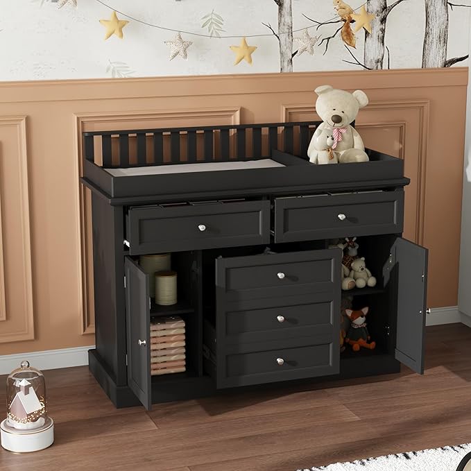 Nursery Dresser with Changing Table Top, 46" W Baby Dresser with 2 Drawers, Laundry Basket & Raised Guard, Infant Diaper Changing Storage Organize Station for Nursery and Baby Bedroom, Black