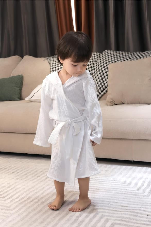 Organic Cotton Toddler Bathrobe, Soft and Breathable Baby Robe for Kid, Boy& Girl Hooded Robe Muslin