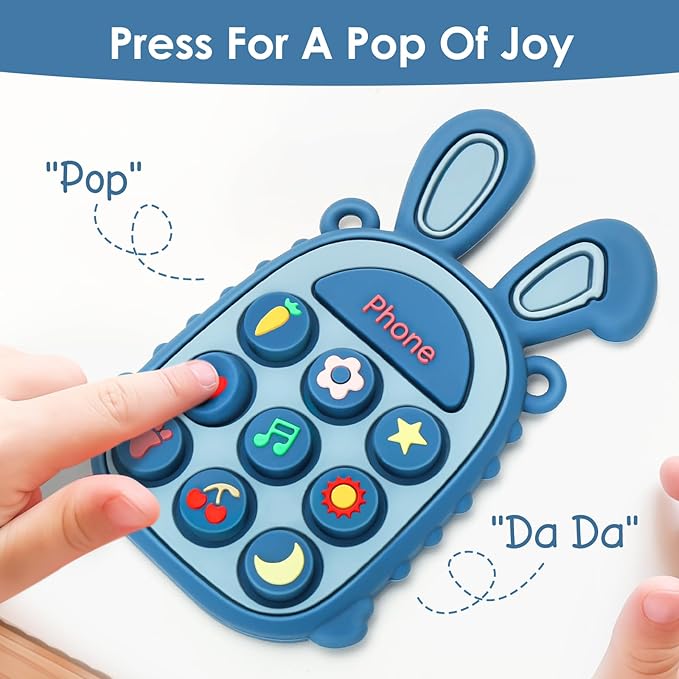 Teething Toys for Babies, BPA-Free Silicone Teether Toy for Infants, Cute Rabbit Phone Design with Easy-Grip Ears, Soothing Gums and Push Pop for Boy and Girl