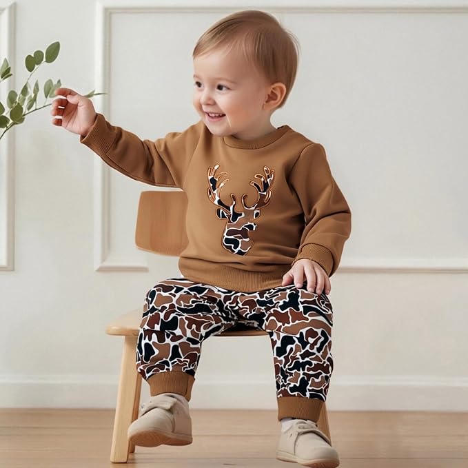 Muineobuka Toddler Baby Boy Hunting Clothes Reindeer Embroidery Sweatshirt and Camouflage Pants Outfits Baby Camo Clothing