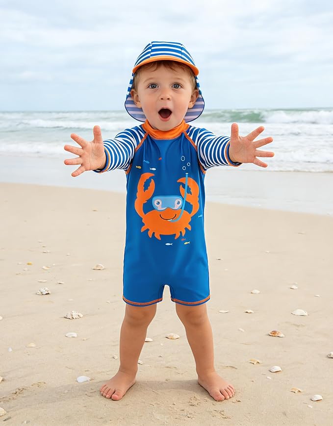 ADUKIDE Baby Boys Swimsuit Summer Beach Rash Guard Swimwear One Piece Sunsuit with Sun Hat 3-24 Months