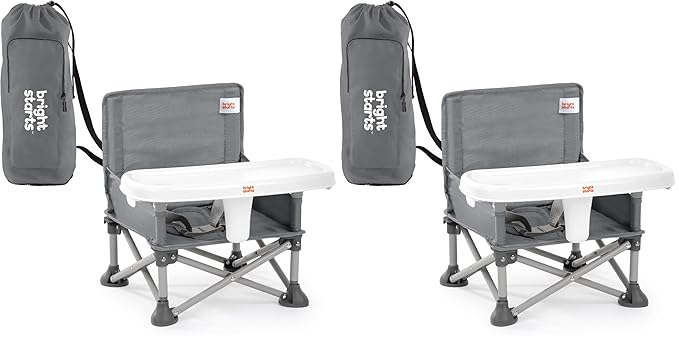 Bright Starts Pop 'N Sit Portable Booster, Indoor/Outdoor Use, Floor Seat with Feeding Tray, Grey, 6 Mos - 3 Yrs (Pack of 2)
