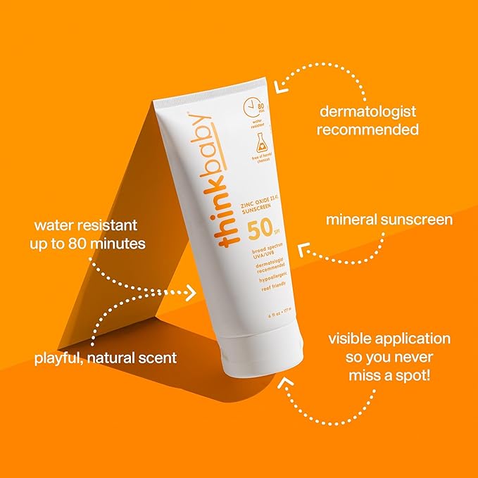 Thinkbaby SPF 50+ Baby Sunscreen, 6 Oz. – Safe, Natural Mineral Sun Cream for Babies - Water Resistant – Broad Spectrum UVA/UVB Sun Protection – Vegan Sunscreen for Kids