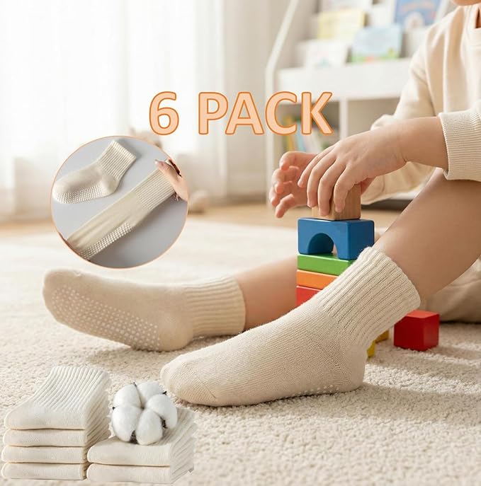 Toddler Grip Socks with Non-Slip, Unisex Baby Retro Stripe Seamless Crew Ankle Cotton Socks for Girls Boys 6 Pairs