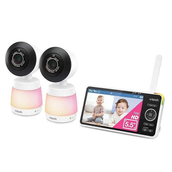 VTech 2-Cameras Smart WiFi Baby Monitor, 2K CMOS Sensor Camera, 5.5-inch HD IPS Screen, Split-Screen, Clear Infrared Night Vision, Pan-Tilt, 24x Zoom, 2-Way Talk, Free App: Smart HD Plus Twin