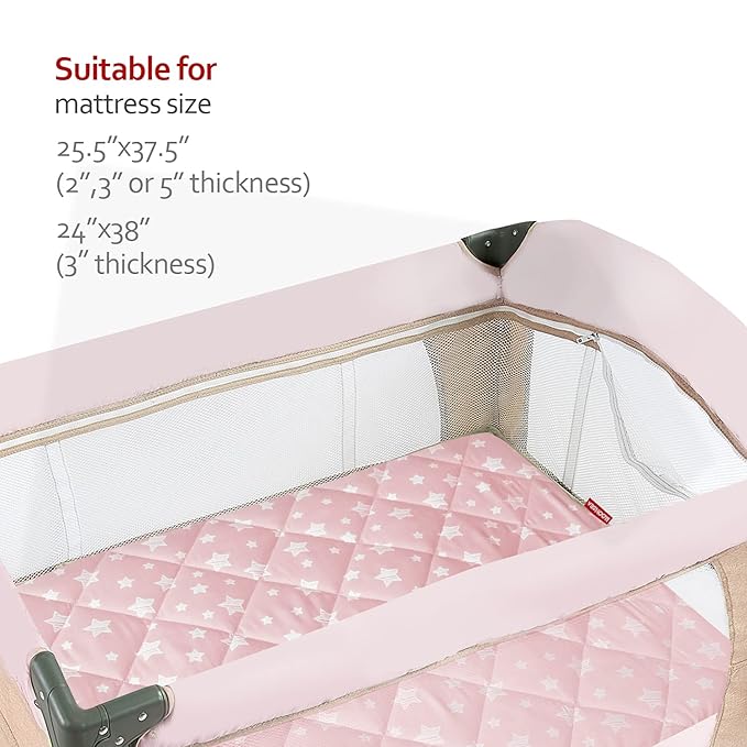 Pack and Play Sheets Fitted, Breathable Thick Playard Lovely Print Cover 39"×27"×5" Compatible with Graco Pack n Play, Pink Star
