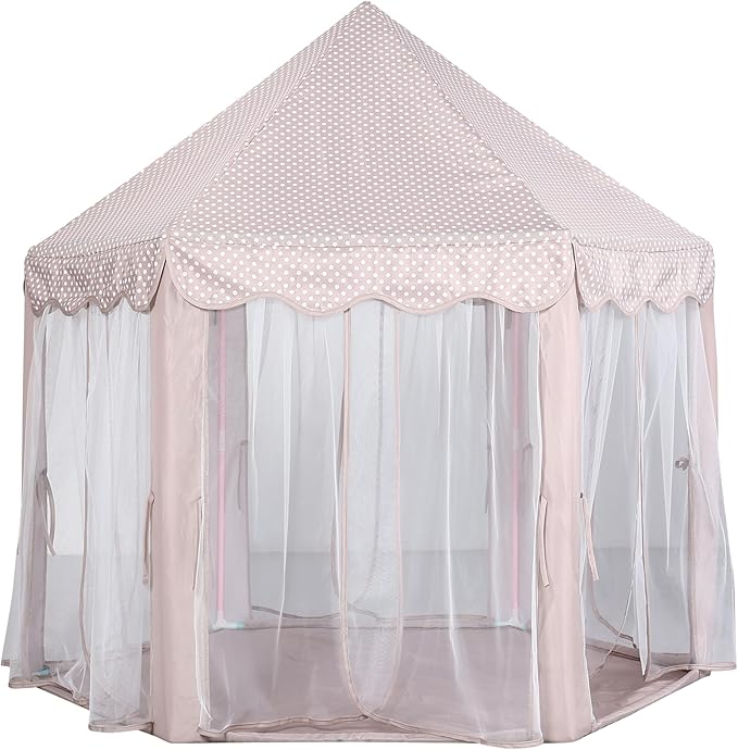 Monobeach Princess Play Tent for Girls: Brown Large Kids Castle Playhouse with Mesh Curtains & Star Lights - Indoor Outdoor Pretend Play Toys Tent - Cozy Reading Nook Gift for Toddlers & Kids