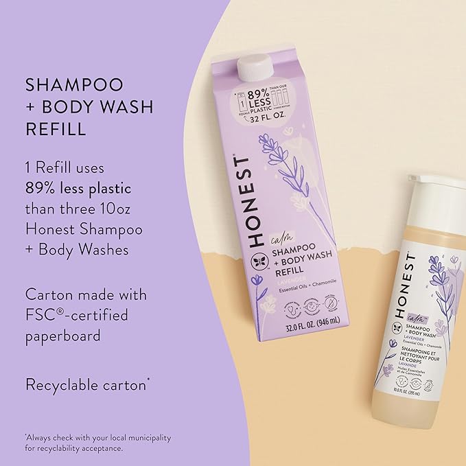 The Honest Company 2-in-1 Cleansing Shampoo Body Wash Refill Carton Gentle for Baby, Naturally Derived, Tear-free, Hypoallergenic, Lavender Calm, 32 fl oz