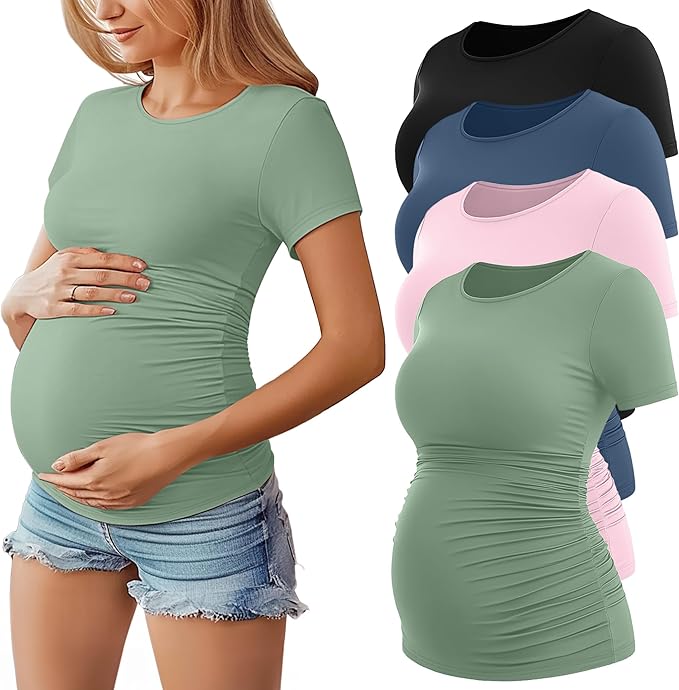 Huukeay 4 Pack Women's Maternity Shirts, Crew Neck Maternity Top Short Sleeve Casual Cotton Tee Side Ruched Pregnancy Clothes