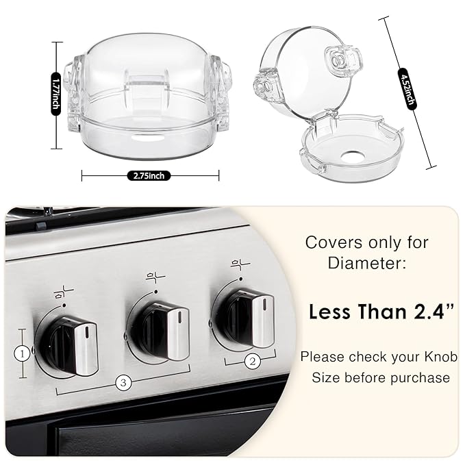 Stove Knob Safety Covers, for Knob Diameter Less Than 2.4", Dual Grip Safety Shield, Unlock with Adult Hand, Press Gas Stove Knob Locks, Oven Lock Knob Covers for Child Safety, Clear, Pack of 5