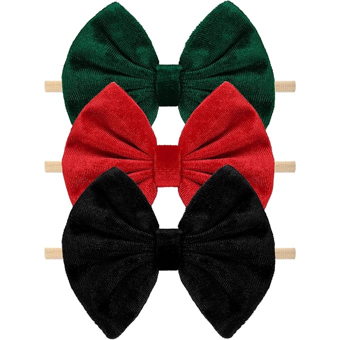 Velvet Baby Girls Headbands, Black Newborns Bows Elastic Nylon Hairbands for Infants Toddlers Hair Accessories,Pack of 3 (Black+Red+Green)