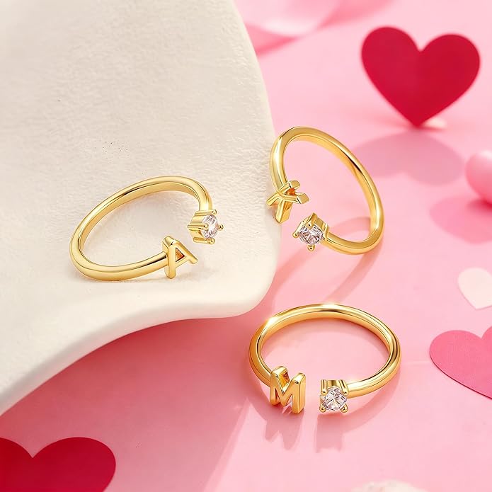 Valentines Day Gifts for Kids Teen Girls, 14K Gold Plated Adjustable Initial Rings for Women Teen Girl Trendy Stuff Birthday Valentines Day Gifts for Women Wife Mom Jewelry
