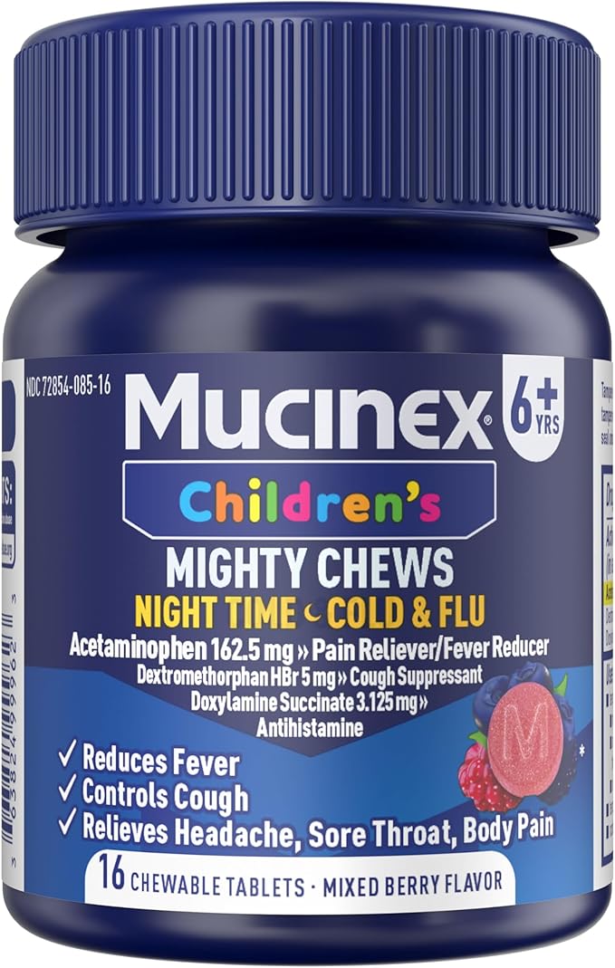 Mucinex Children's Mighty Chews Nighttime Cold and Flu Medicine, Children's Acetaminophen, Dextromethorphan, & Doxylamine Succinate, Kids Cough Medicine, Ages 6+, 16 Medicated Chewable Tablets