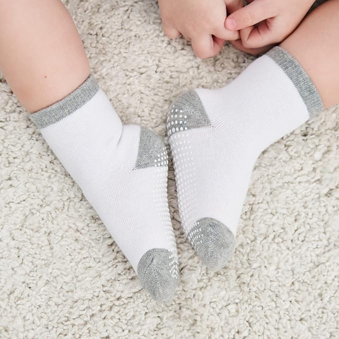 ZAPLES Baby Non Slip Grip Crew Socks with Anti Skid Soles for Infants Toddlers Kids Boys Girls