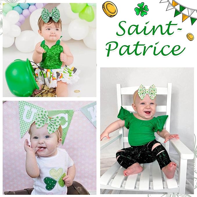 Hairband, 3 Pcs St. Patrick's Themed Cheer Bow Headbands for Baby Girls, One Size Fits All, Newborn and Infant, Green, Comfortable Nylon Fabric