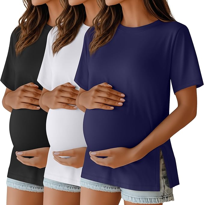 Ficerd 3 Pack Women's Maternity T Shirts, Short Sleeve Side Split Pregnancy Tops Casual Crew Neck Pregnant Tees Mama Clothes