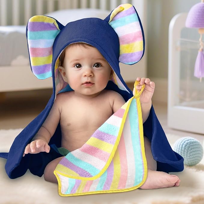 VOOVA & MOVAS Premium Navy Baby Hooded Bath Towel - 100% Cotton,500GSM, 33x31.5 Inches,0-2Years, Super Absorbent Large Towel with Cute Elephant Ears Hood for Newborn,Infant, Baby Essentials,Navy