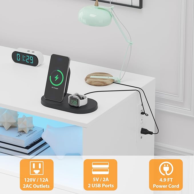 Changing Table Dresser with Drawers, Baby Dresser with Changing Table Top, Power Outlet, LED Light & Metal Feet, Diaper Changing Station Nursery Organizer for Infants Newborn, White