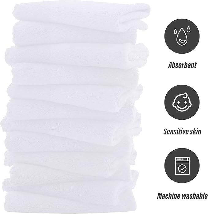 Sunny zzzZZ Ultra Soft 24 Pack Baby Washcloths - 10x10 Inches - Coral Fleece Extra Absorbent Wash Clothes for Babies, Infants and Toddlers - Sensitive Skin and Newborn - Ideal Baby - White