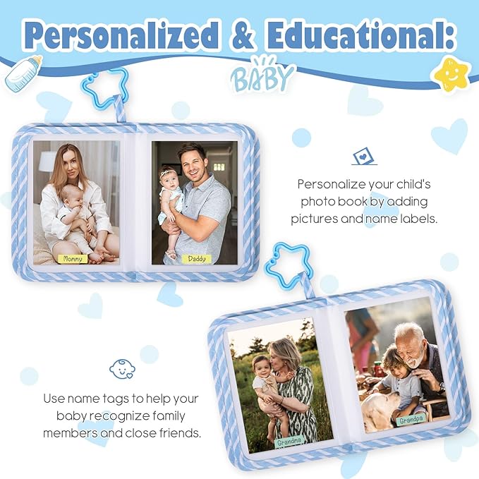Lanpn Baby Photo Album Holds 17 4x6 Pictures, My First Soft Cloth Family Photo Book with Name Card & Name Tag Sticker, Fabric Kid Memory Keepsake Gift for Baby Shower Newborn Toddler Boy (Bear)