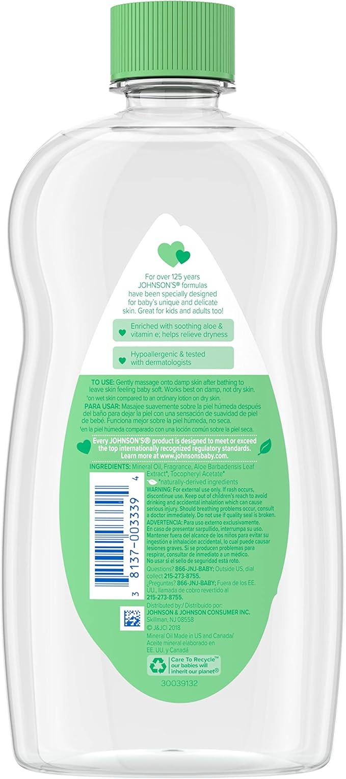 Johnson's Baby Oil, Mineral Oil with Aloe Vera & Vitamin E to help reduce Moisture Loss, Soothing, Moisturizing Baby Massage Oil, 20 fl. oz, 6 Pack